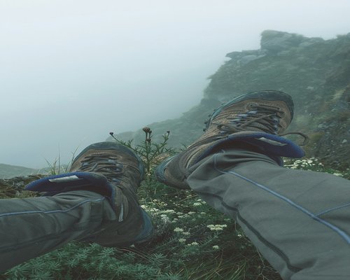 Hiking boots placed carefully on a rock along an alpine trail